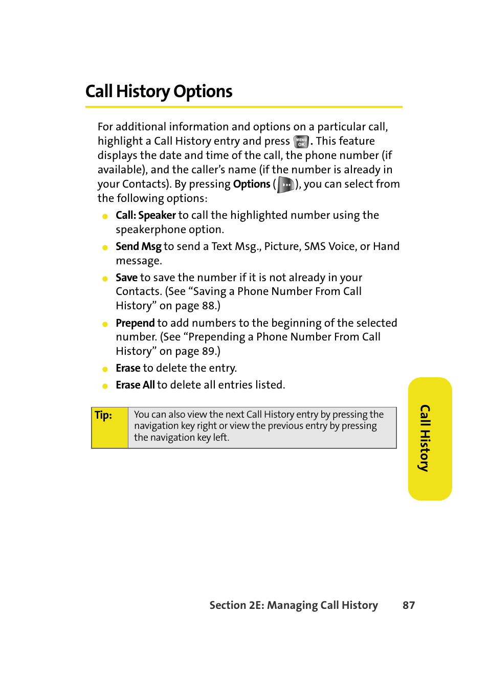 Call history options, Ca ll his tor y | Samsung A640 User Manual | Page 109 / 265