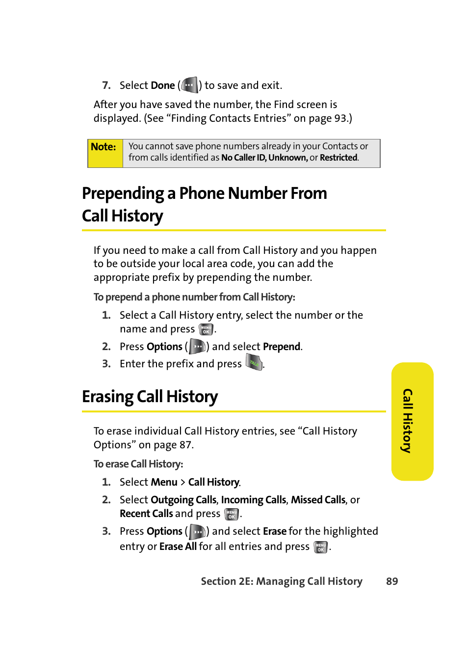 Prepending a phone number from call history, Erasing call history | Samsung A640 User Manual | Page 111 / 265