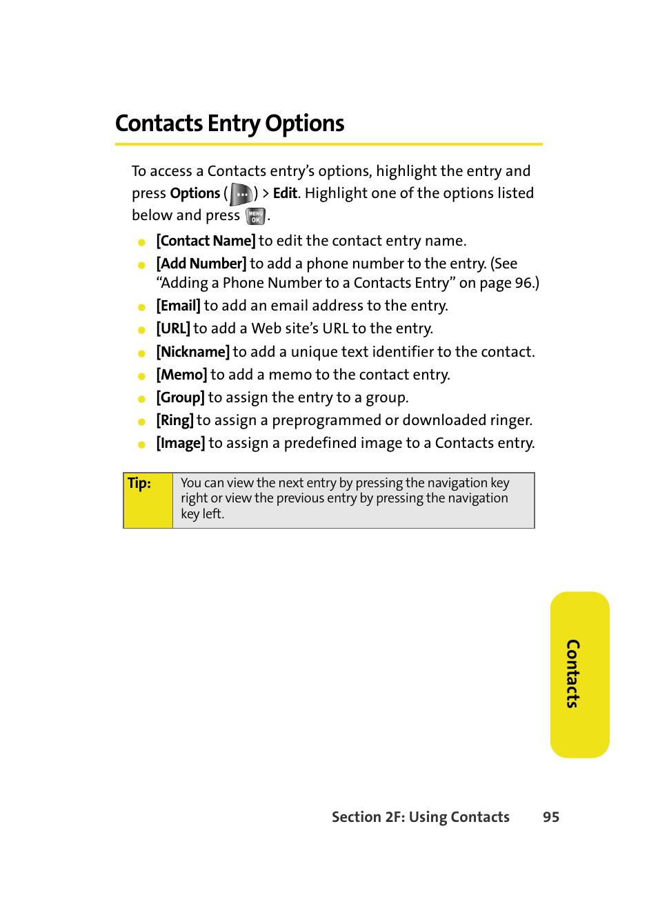 Contacts entry options, Co n ta ct s | Samsung A640 User Manual | Page 117 / 265