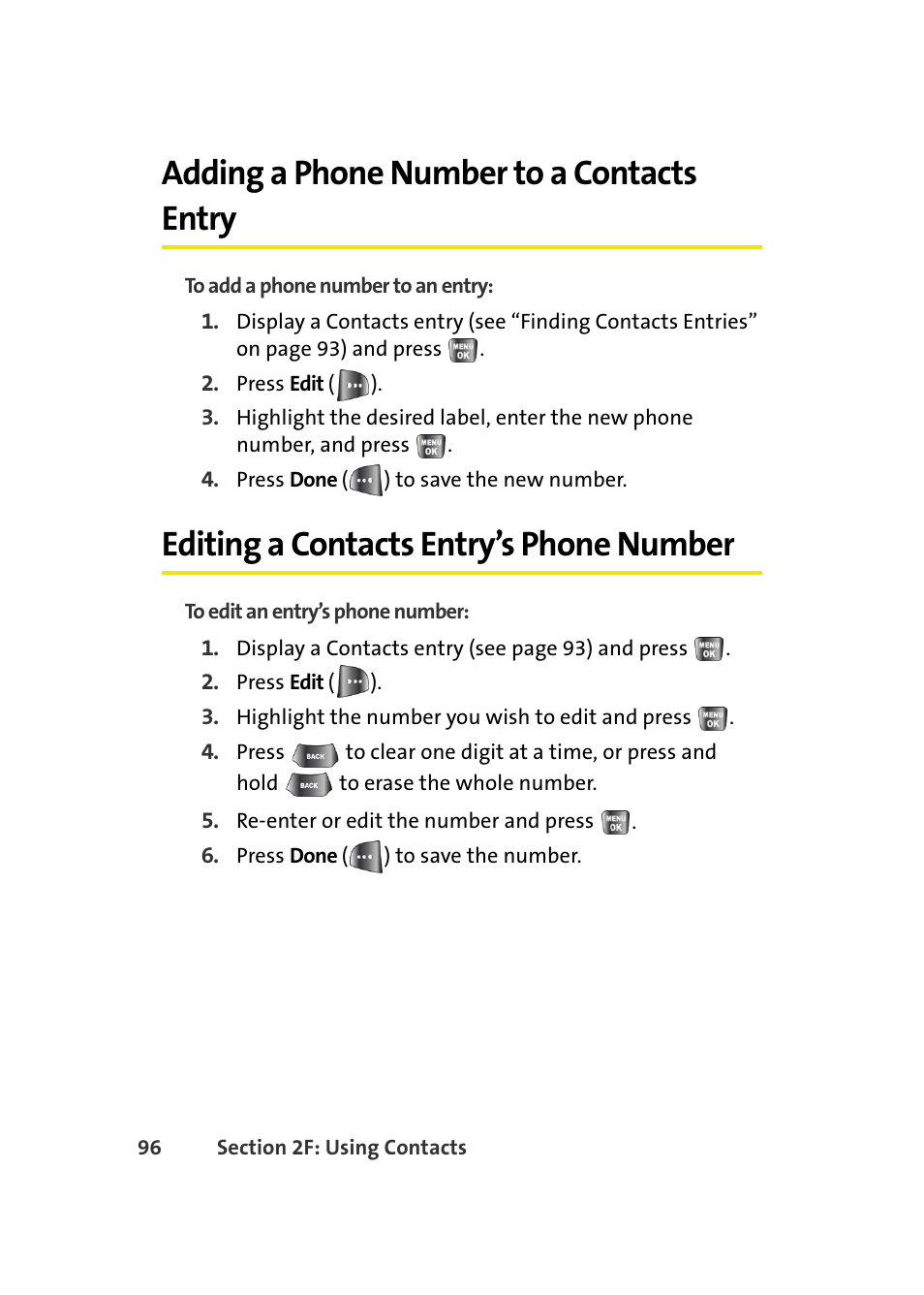 Adding a phone number to a contacts entry, Editing a contacts entry’s phone number | Samsung A640 User Manual | Page 118 / 265