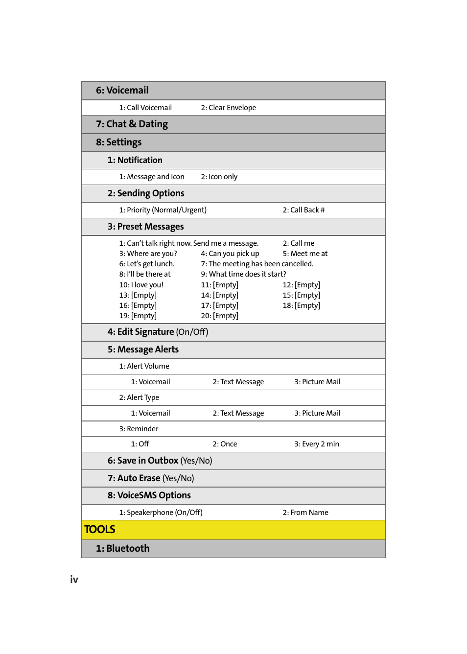 Tools, Voicemail, Chat & dating 8: settings | Bluetooth | Samsung A640 User Manual | Page 12 / 265