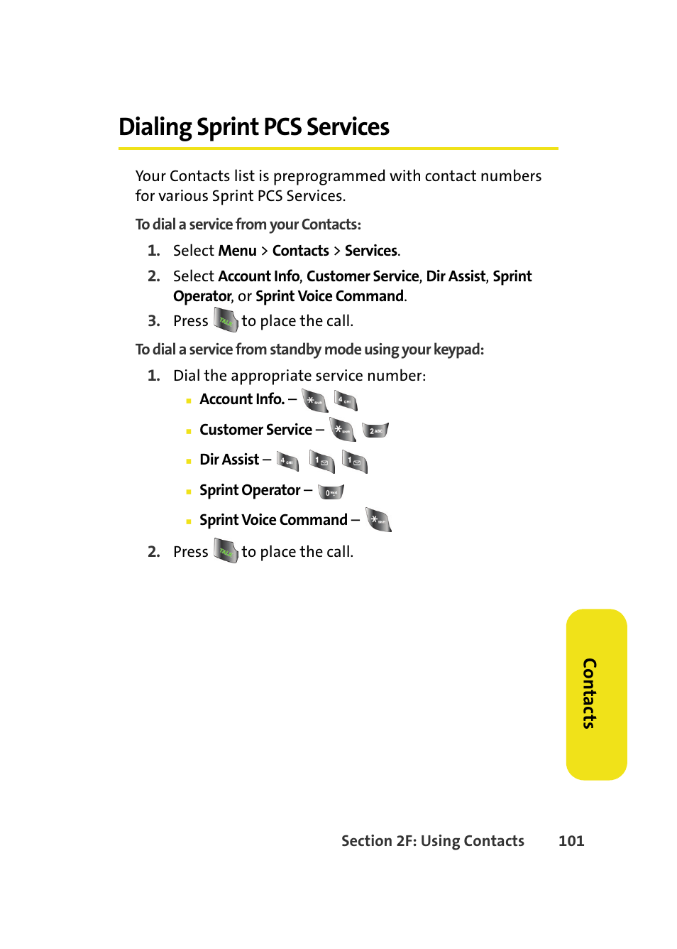 Dialing sprint pcs services, Co n ta ct s | Samsung A640 User Manual | Page 123 / 265