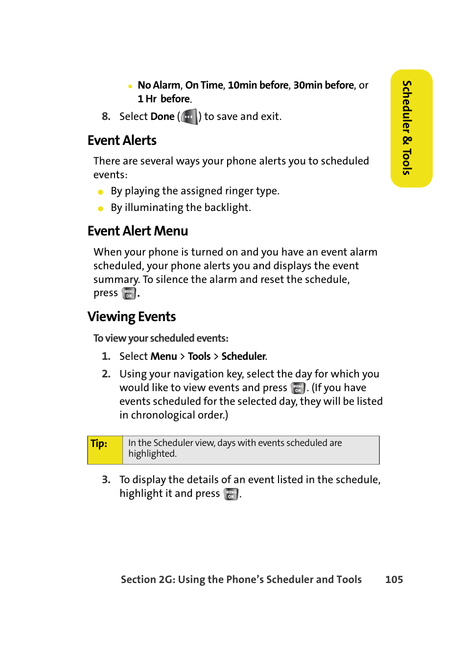 Event alerts, Event alert menu, Viewing events | Samsung A640 User Manual | Page 127 / 265