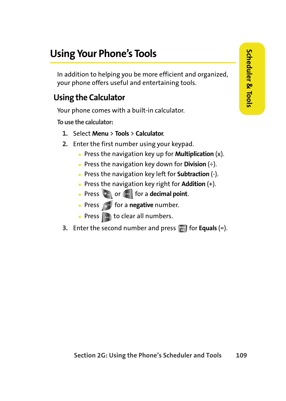 Using your phone’s tools, Using the calculator, Scheduler & to ols | Samsung A640 User Manual | Page 131 / 265