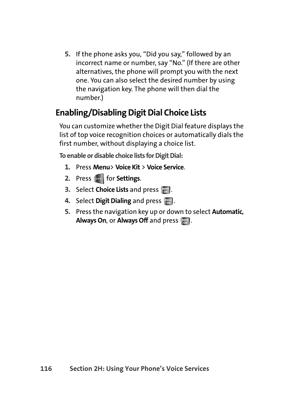 Enabling/disabling digit dial choice lists | Samsung A640 User Manual | Page 138 / 265