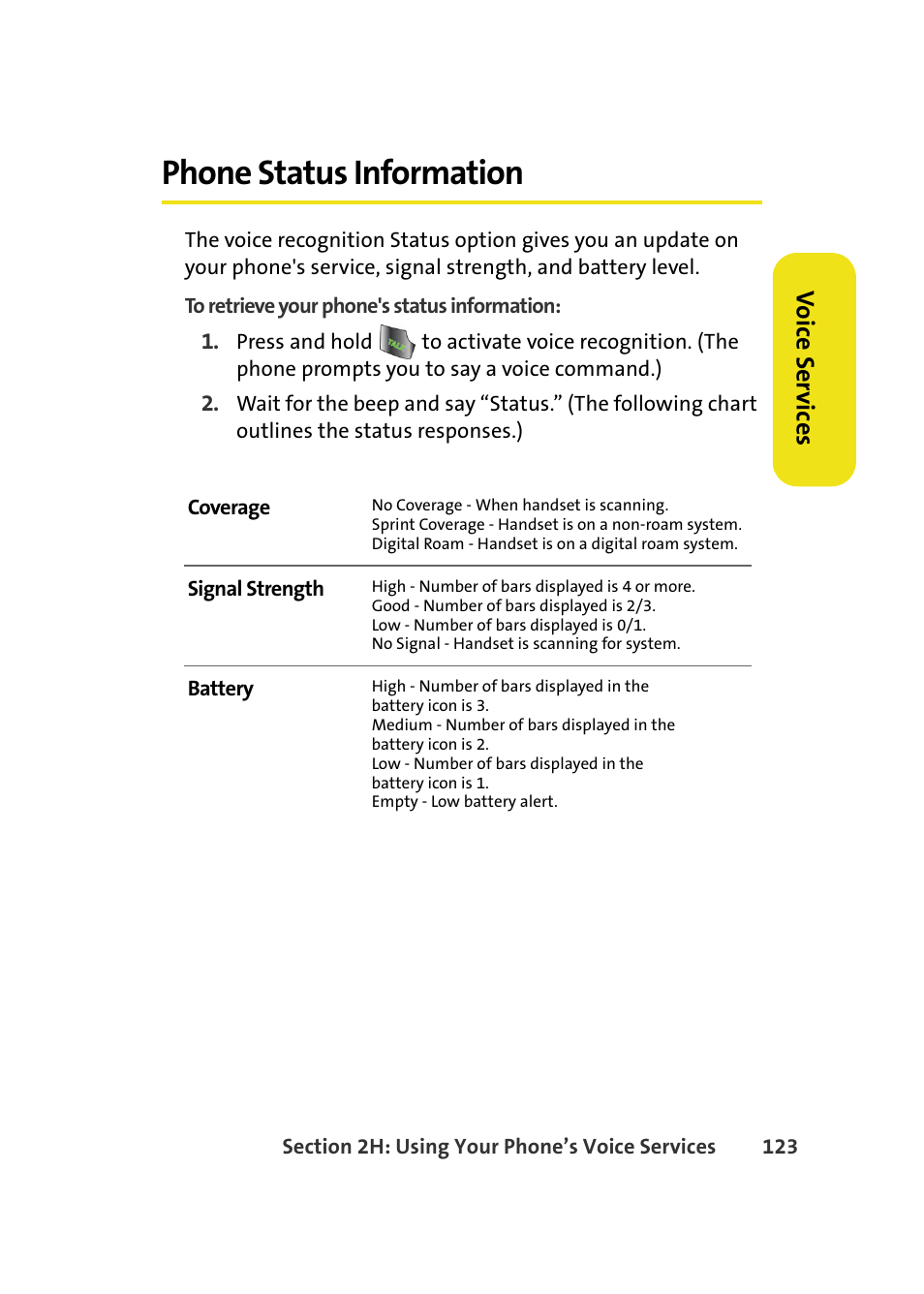 Phone status information, Vo ice ser v ices | Samsung A640 User Manual | Page 145 / 265