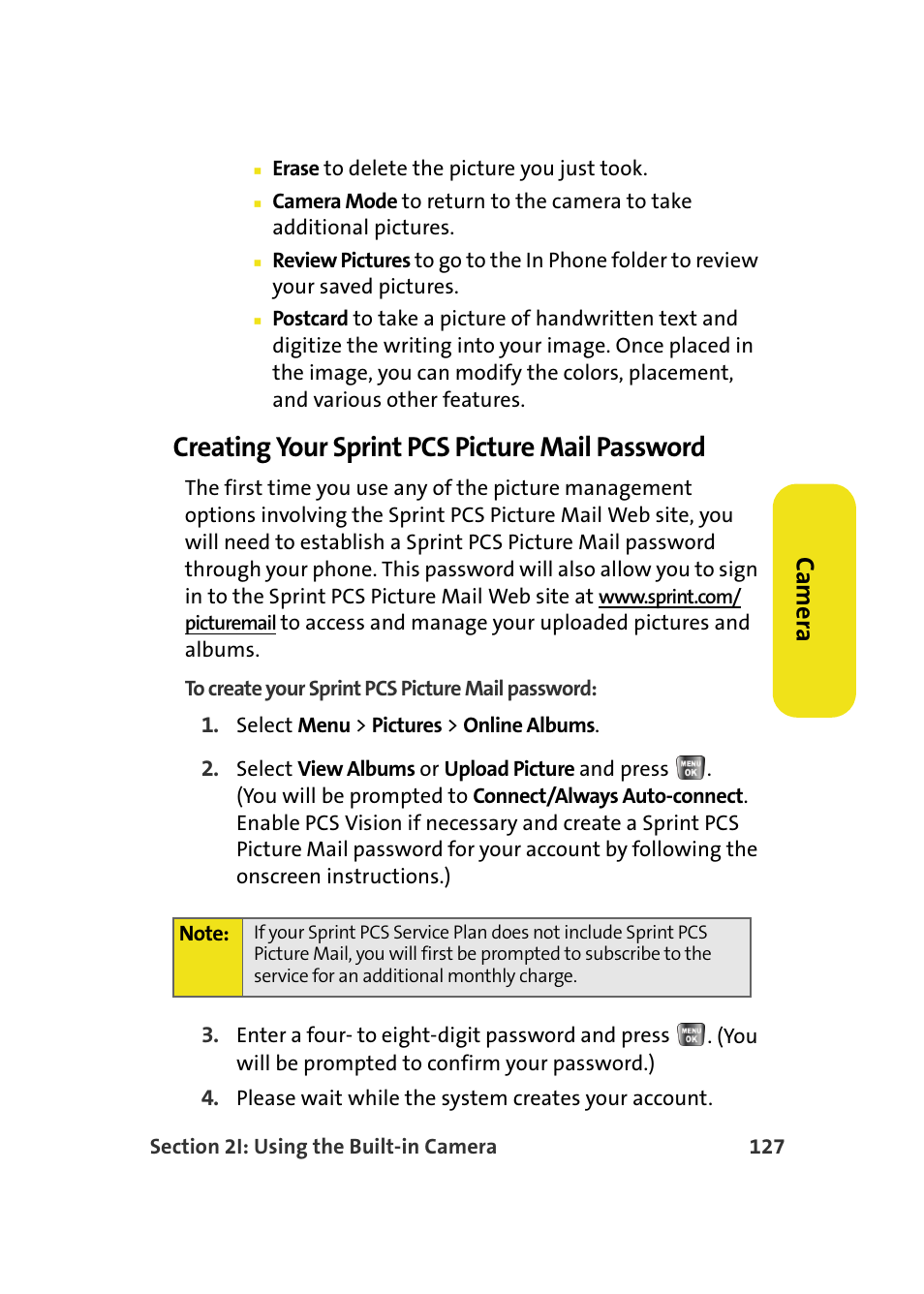 Creating your sprint pcs picture mail password, Ca m e ra | Samsung A640 User Manual | Page 149 / 265