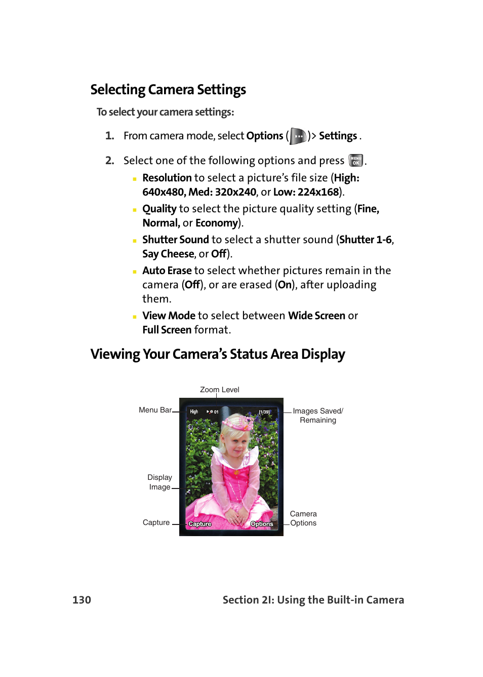 Selecting camera settings, Viewing your camera’s status area display | Samsung A640 User Manual | Page 152 / 265