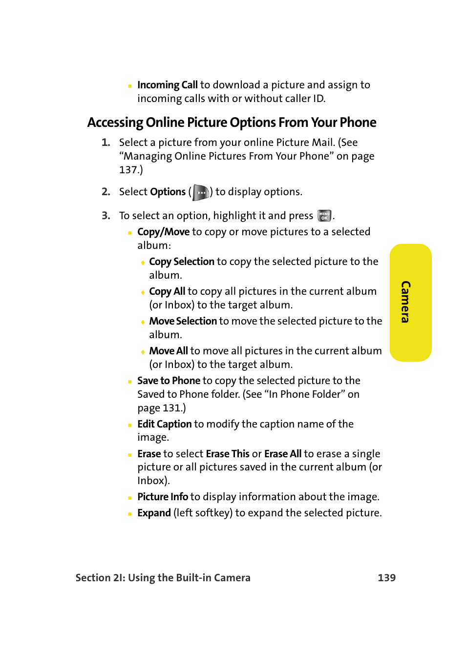 Accessing online picture options from your phone, Ca m e ra | Samsung A640 User Manual | Page 161 / 265
