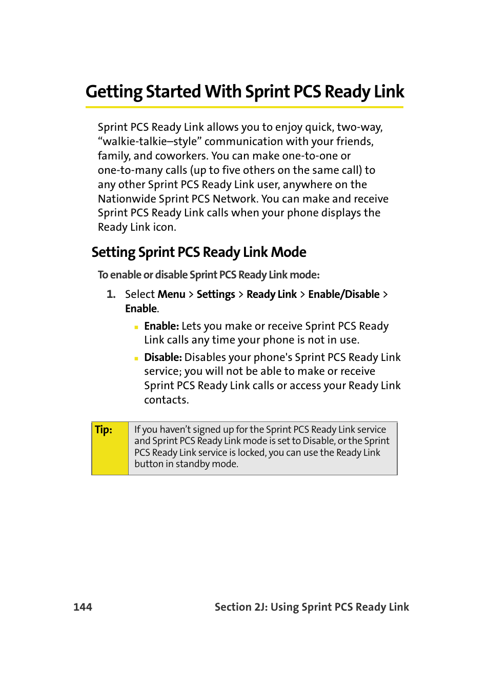 Getting started with sprint pcs ready link, Setting sprint pcs ready link mode | Samsung A640 User Manual | Page 166 / 265