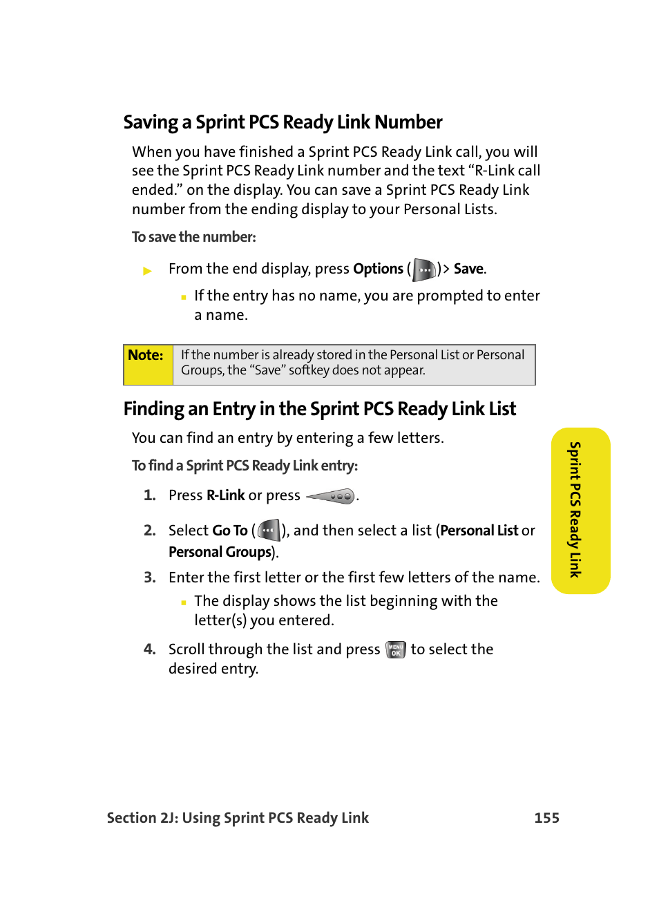 Saving a sprint pcs ready link number, Finding an entry in the sprint pcs ready link list | Samsung A640 User Manual | Page 177 / 265