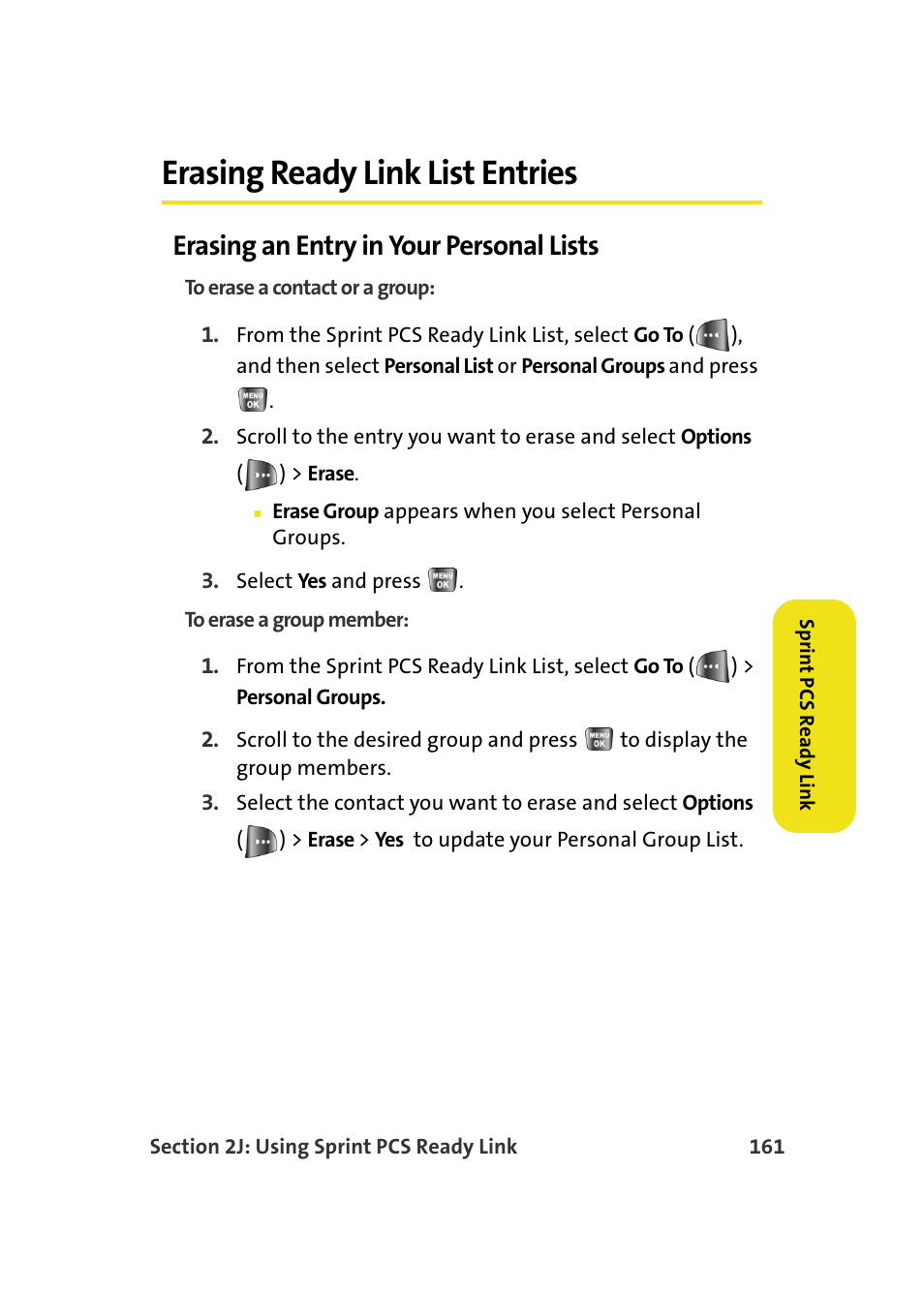 Erasing ready link list entries, Erasing an entry in your personal lists | Samsung A640 User Manual | Page 183 / 265