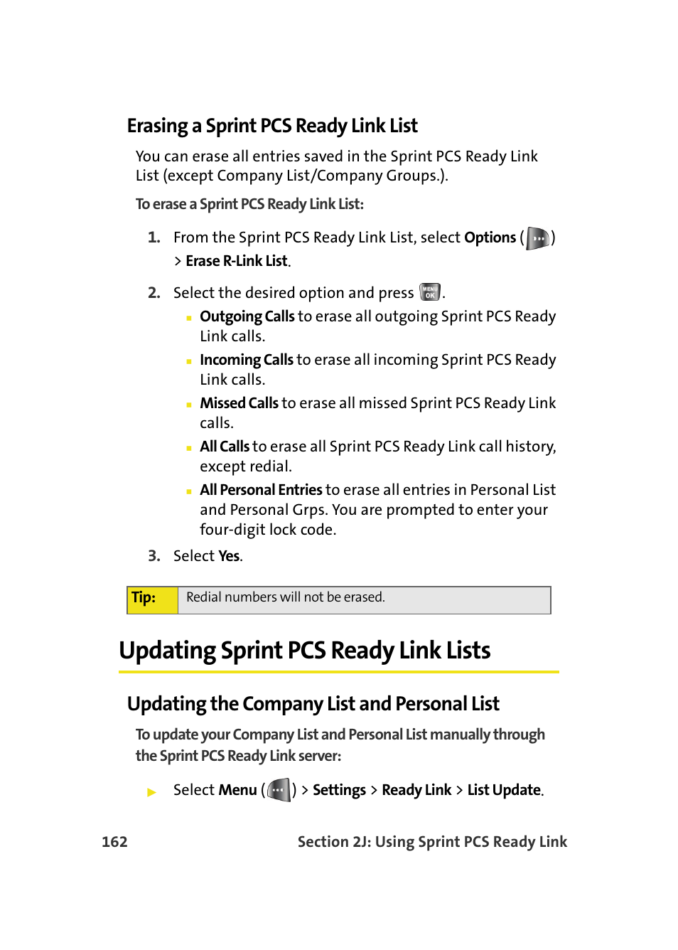 Erasing a sprint pcs ready link list, Updating sprint pcs ready link lists, Updating the company list and personal list | Samsung A640 User Manual | Page 184 / 265