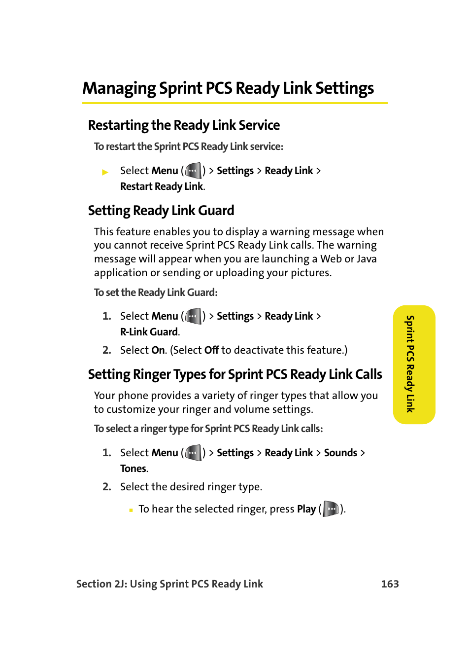 Managing sprint pcs ready link settings, Restarting the ready link service, Setting ready link guard | Samsung A640 User Manual | Page 185 / 265