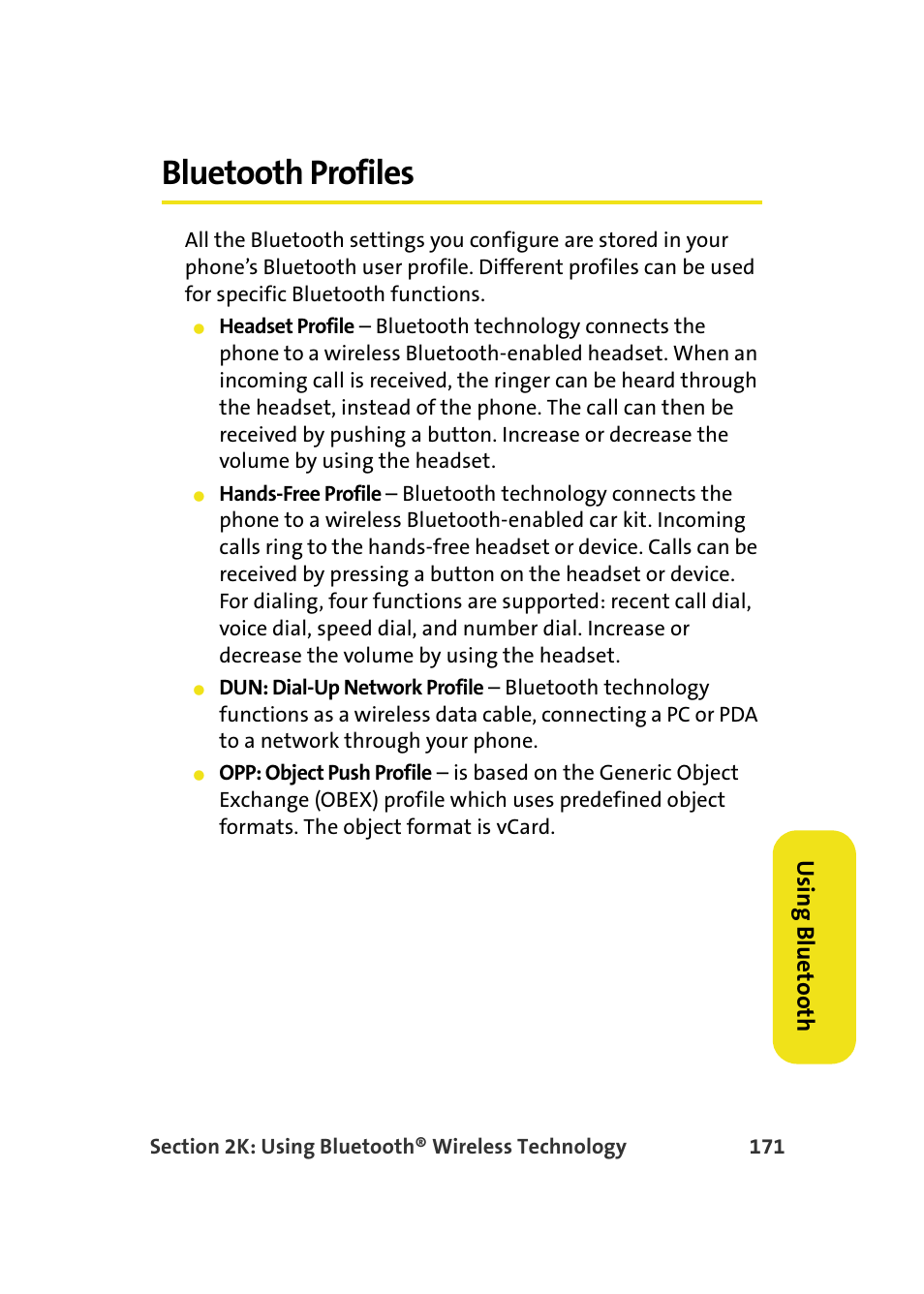 Bluetooth profiles, Usin g b lue to ot h | Samsung A640 User Manual | Page 193 / 265