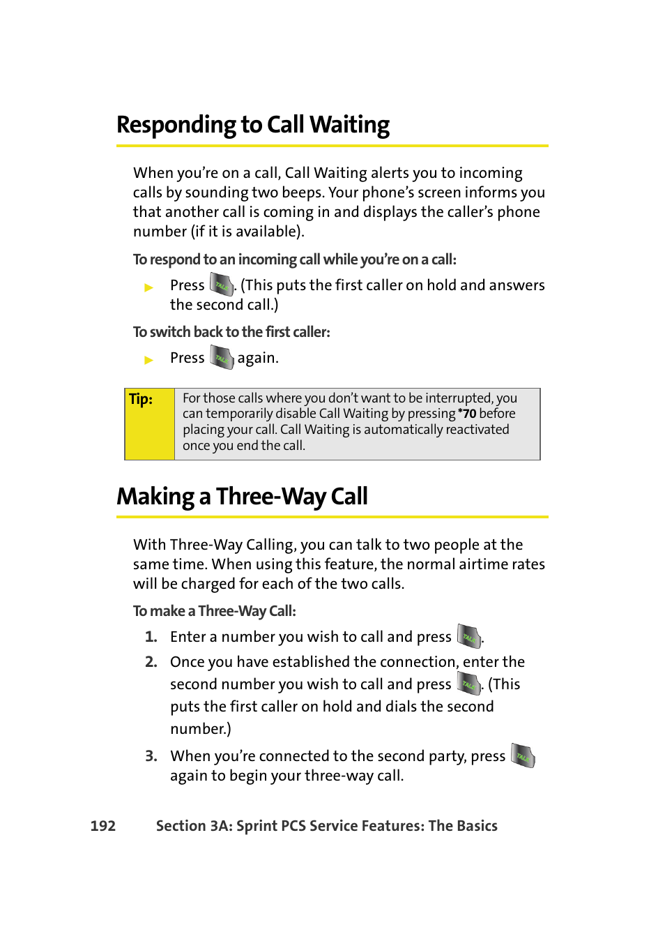 Responding to call waiting, Making a three-way call | Samsung A640 User Manual | Page 214 / 265