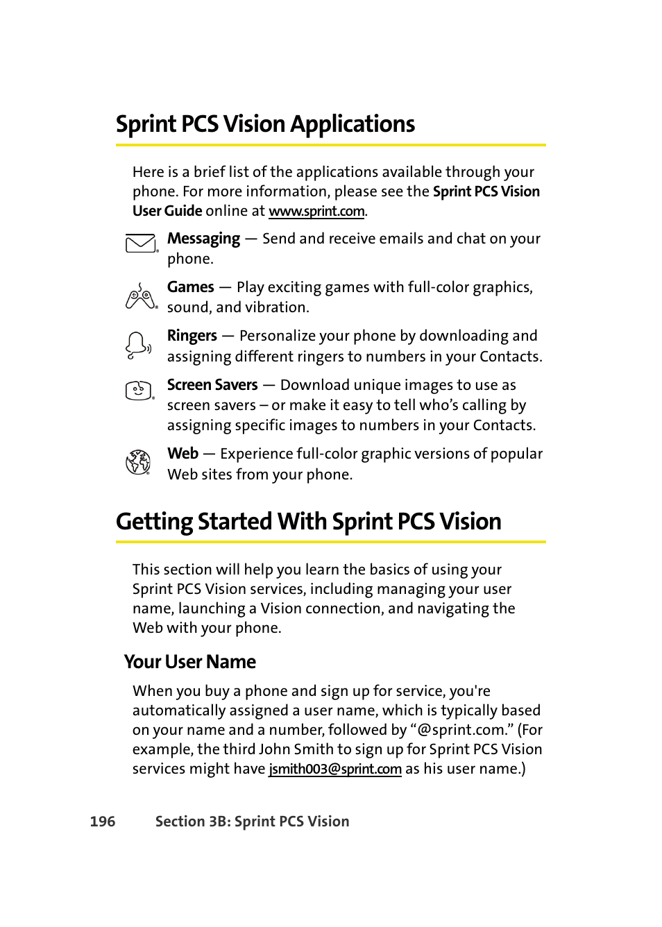 Sprint pcs vision applications, Getting started with sprint pcs vision, Your user name | Samsung A640 User Manual | Page 218 / 265