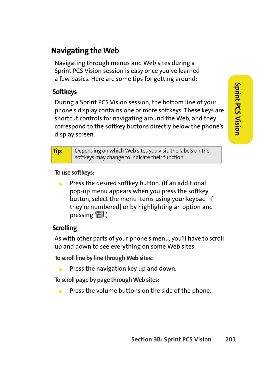 Navigating the web, Spr in t pcs v ision | Samsung A640 User Manual | Page 223 / 265