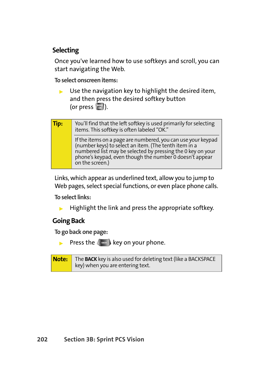 Selecting, Going back | Samsung A640 User Manual | Page 224 / 265