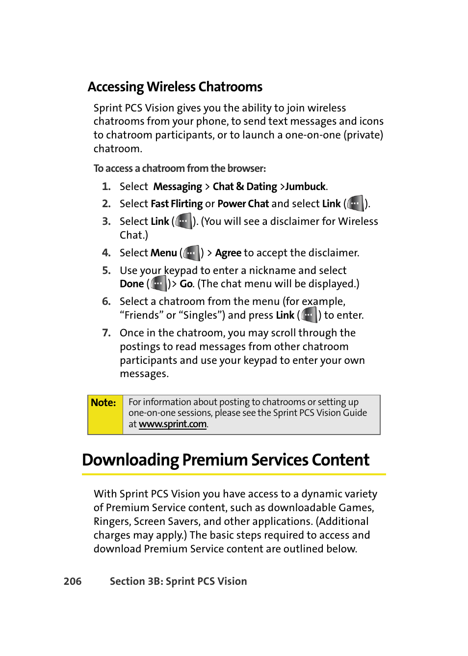 Accessing wireless chatrooms, Downloading premium services content | Samsung A640 User Manual | Page 228 / 265