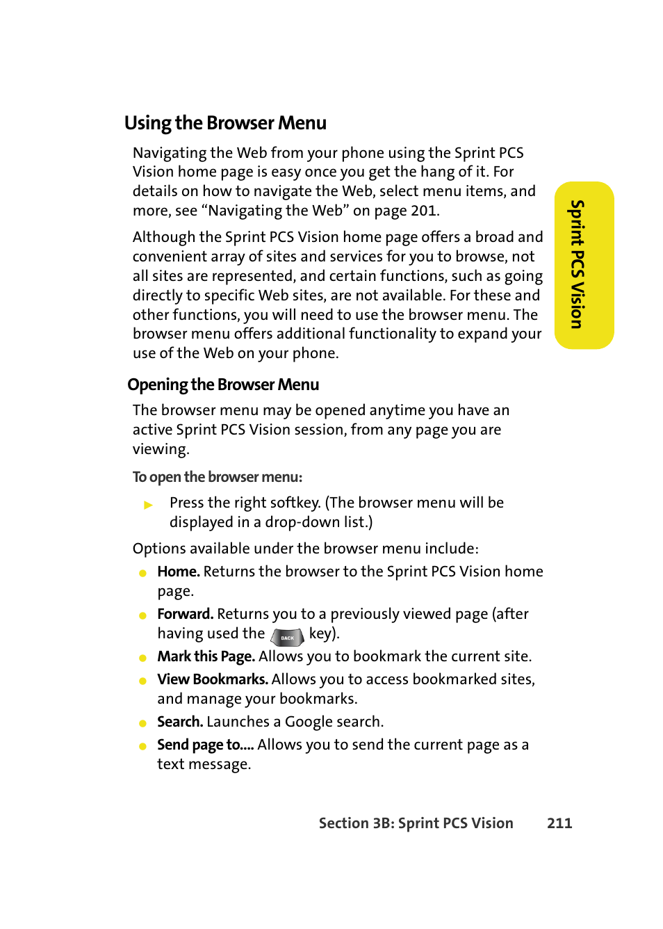 Using the browser menu, Spr in t pcs v ision, Opening the browser menu | Samsung A640 User Manual | Page 233 / 265