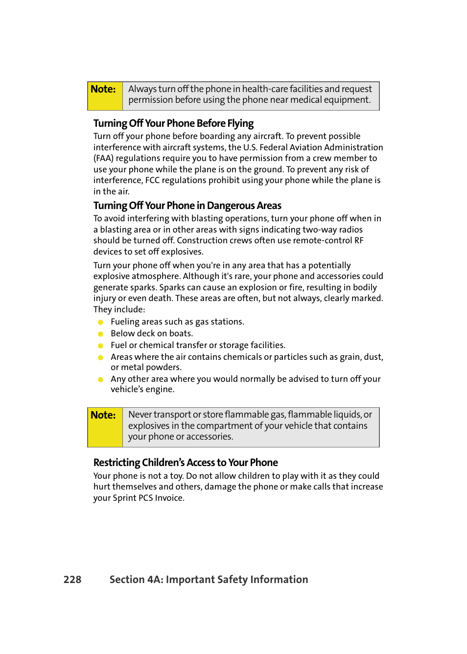 Turning off your phone in dangerous areas, Restricting children’s access to your phone | Samsung A640 User Manual | Page 250 / 265