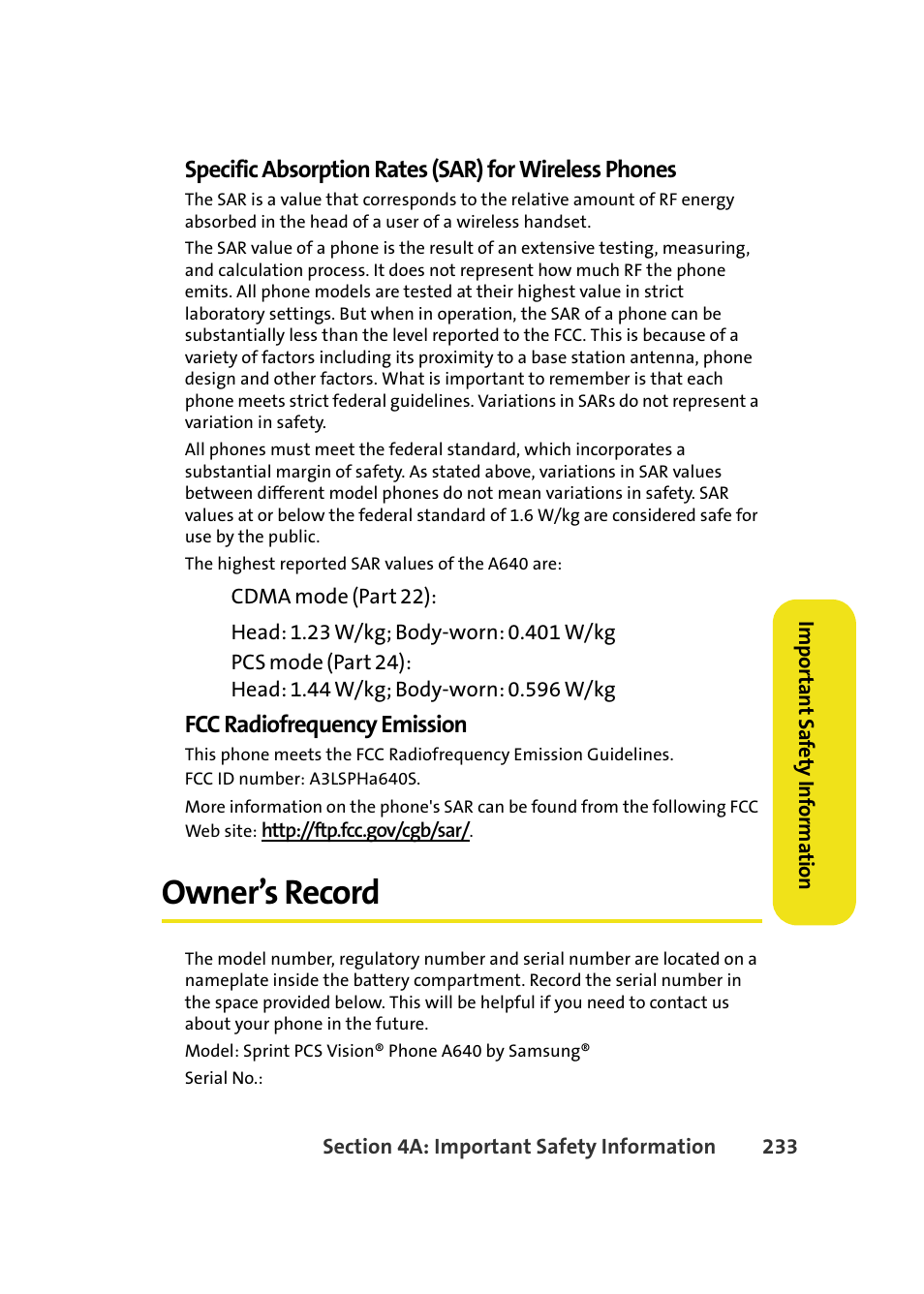 Owner’s record, Fcc radiofrequency emission | Samsung A640 User Manual | Page 255 / 265