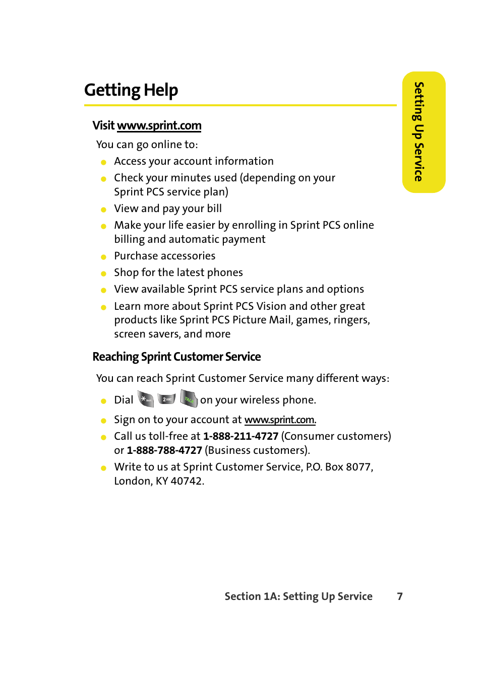 Getting help, Setting u p ser v ice, Reaching sprint customer service | Samsung A640 User Manual | Page 29 / 265