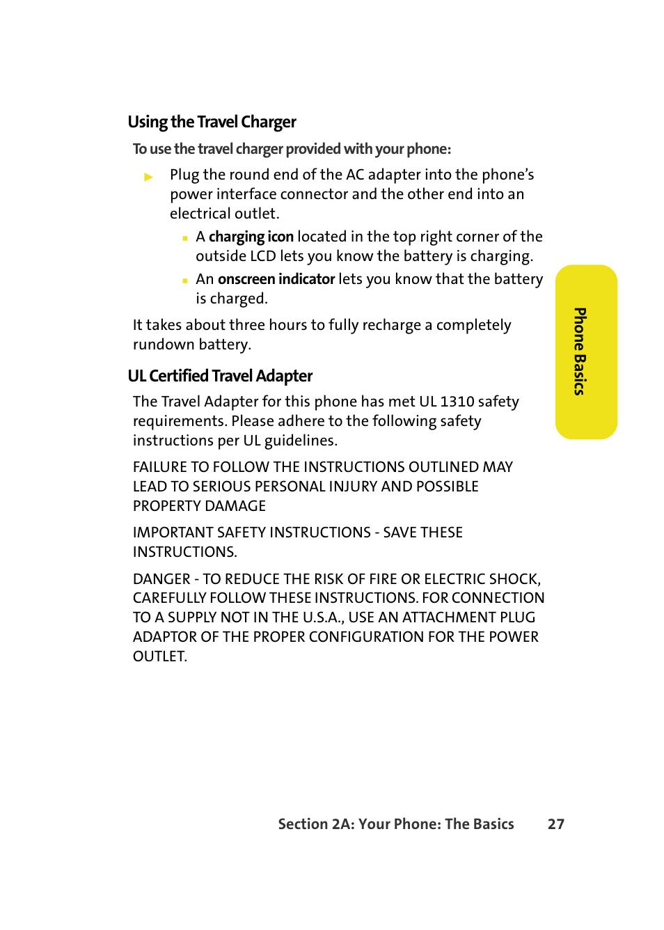 Using the travel charger, Ul certified travel adapter | Samsung A640 User Manual | Page 49 / 265