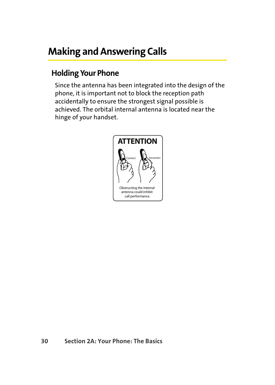 Making and answering calls, Holding your phone, Attention | Samsung A640 User Manual | Page 52 / 265