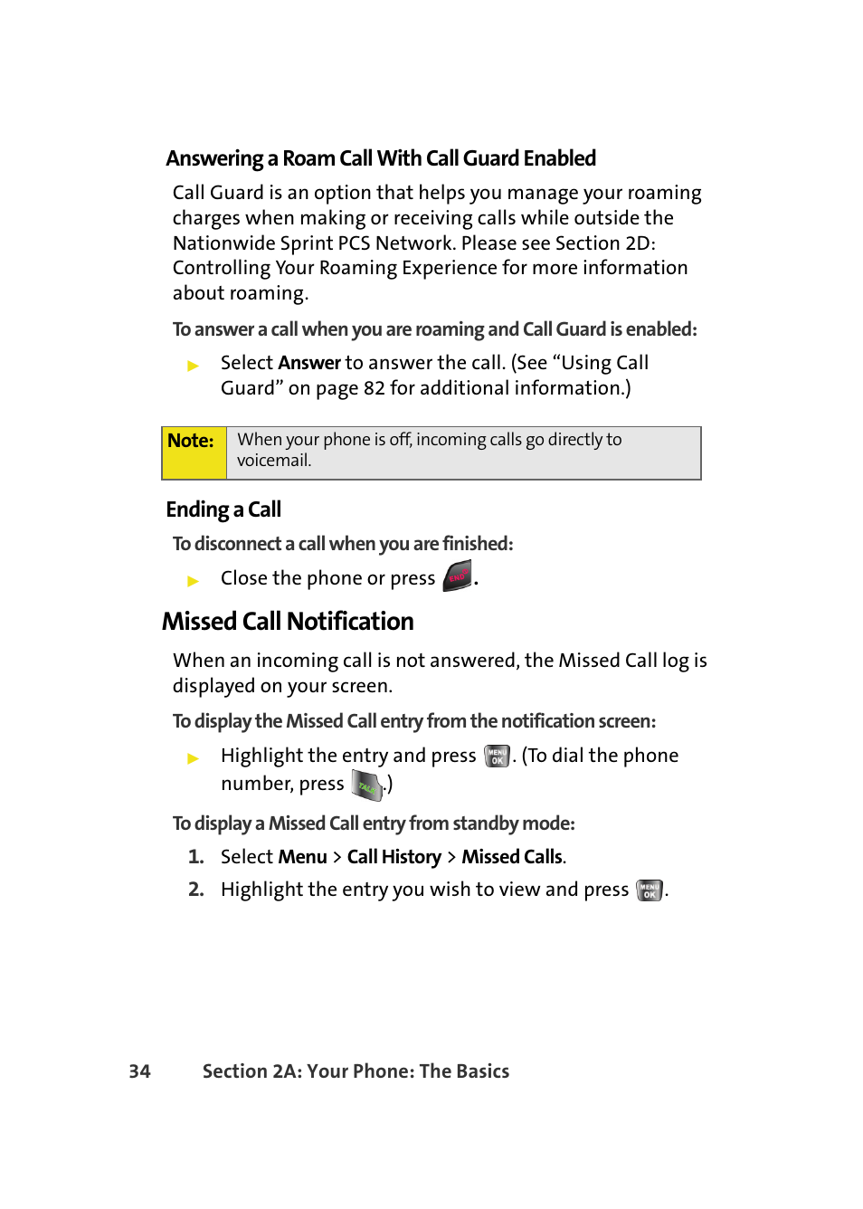 Missed call notification, Answering a roam call with call guard enabled, Ending a call | Samsung A640 User Manual | Page 56 / 265