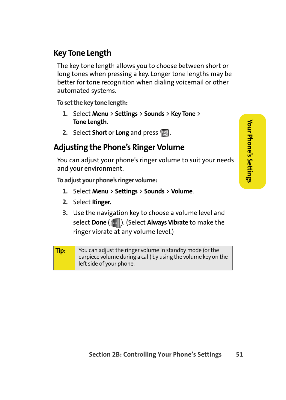 Key tone length, Adjusting the phone’s ringer volume | Samsung A640 User Manual | Page 73 / 265