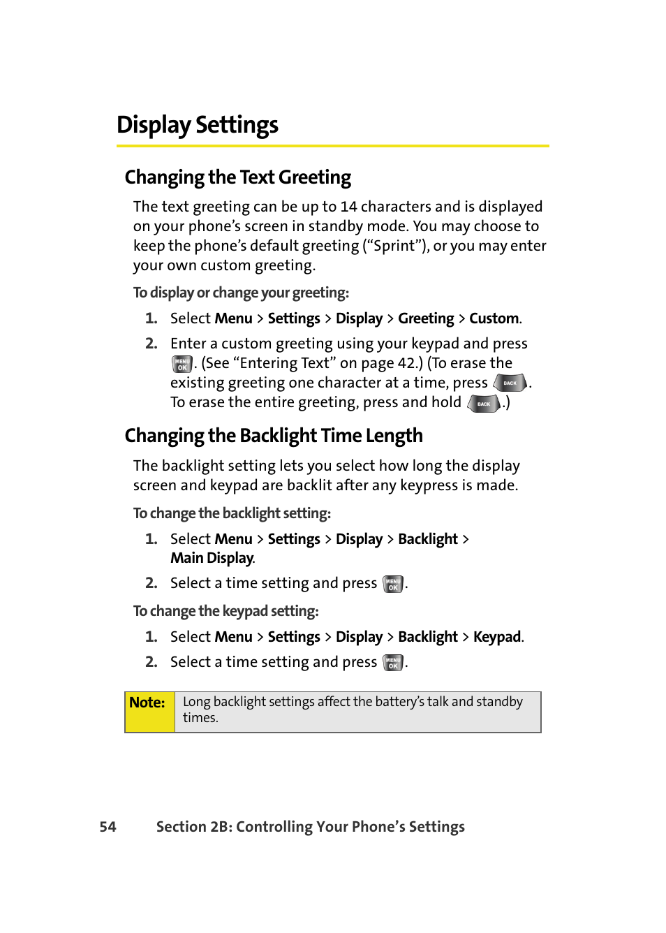 Display settings, Changing the text greeting, Changing the backlight time length | Samsung A640 User Manual | Page 76 / 265