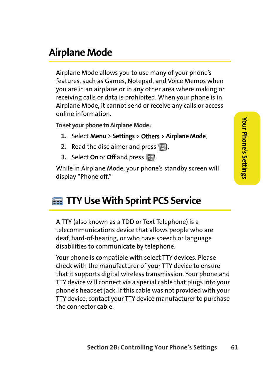 Airplane mode, Tty use with sprint pcs service | Samsung A640 User Manual | Page 83 / 265