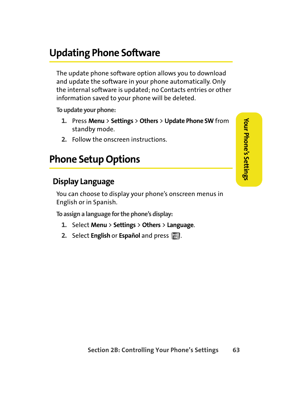 Updating phone software, Phone setup options, Display language | Samsung A640 User Manual | Page 85 / 265