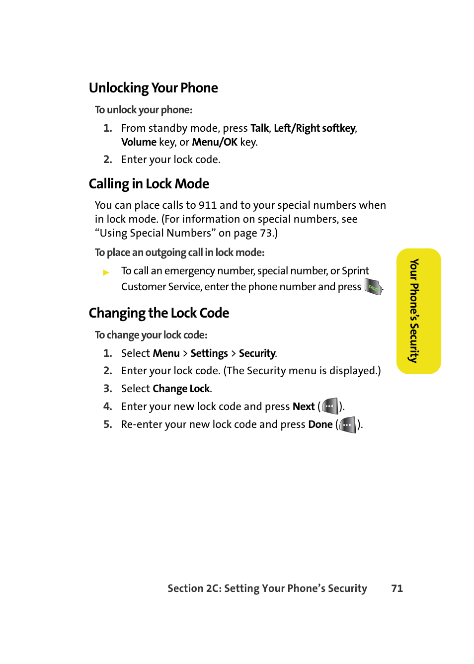 Unlocking your phone, Calling in lock mode, Changing the lock code | Samsung A640 User Manual | Page 93 / 265