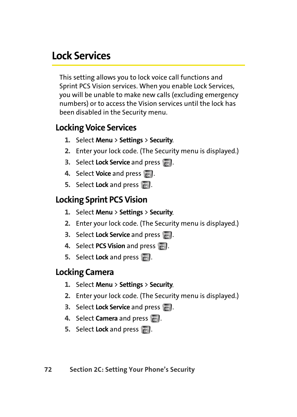 Lock services, Locking voice services, Locking sprint pcs vision | Locking camera | Samsung A640 User Manual | Page 94 / 265