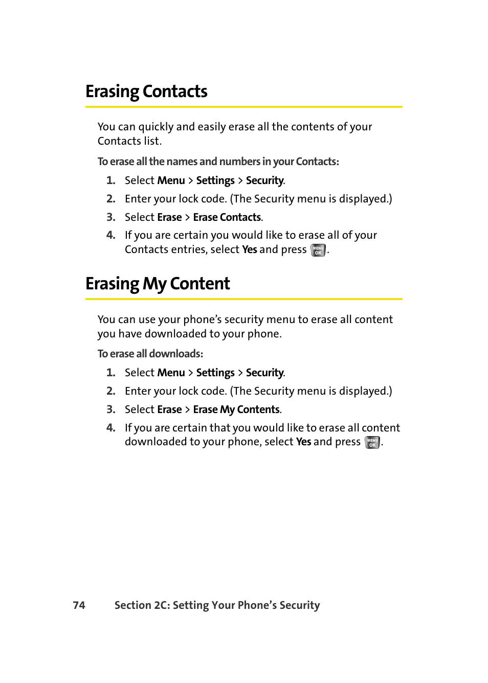 Erasing contacts, Erasing my content | Samsung A640 User Manual | Page 96 / 265