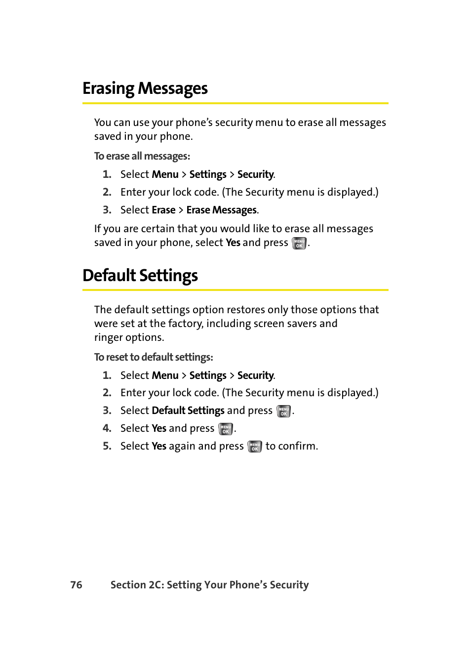 Erasing messages, Default settings | Samsung A640 User Manual | Page 98 / 265