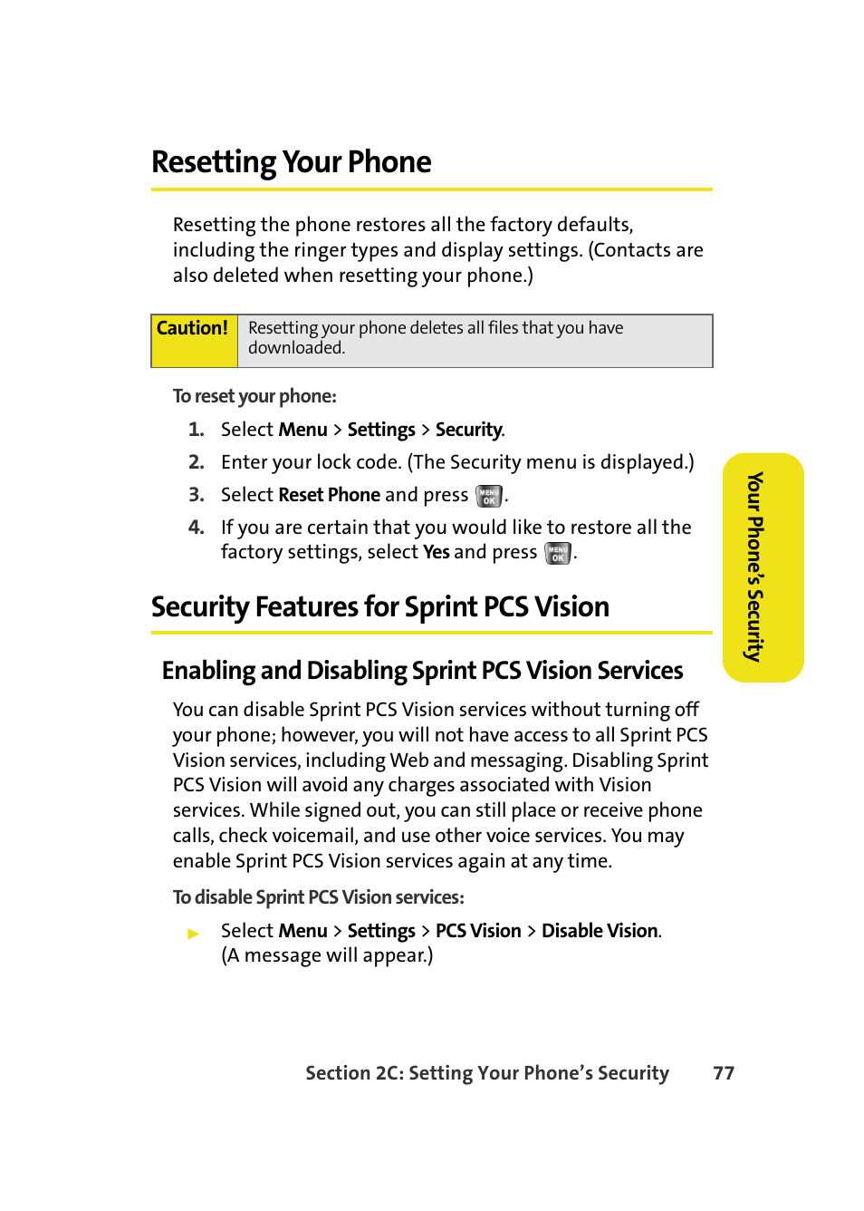 Resetting your phone, Security features for sprint pcs vision, Enabling and disabling sprint pcs vision services | Samsung A640 User Manual | Page 99 / 265