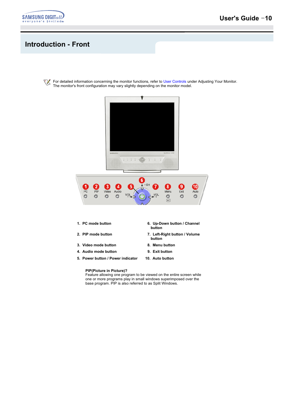 Introduction - front, User's guide t 10 | Samsung 152MP User Manual | Page 10 / 70