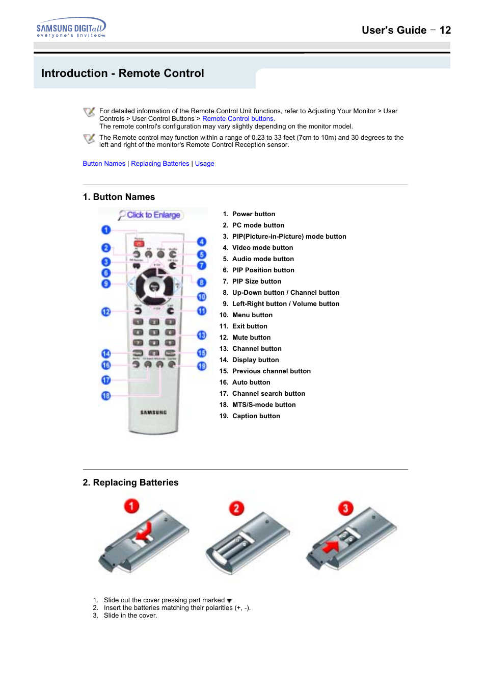 Introduction - remote control, User's guide t 12 | Samsung 152MP User Manual | Page 12 / 70