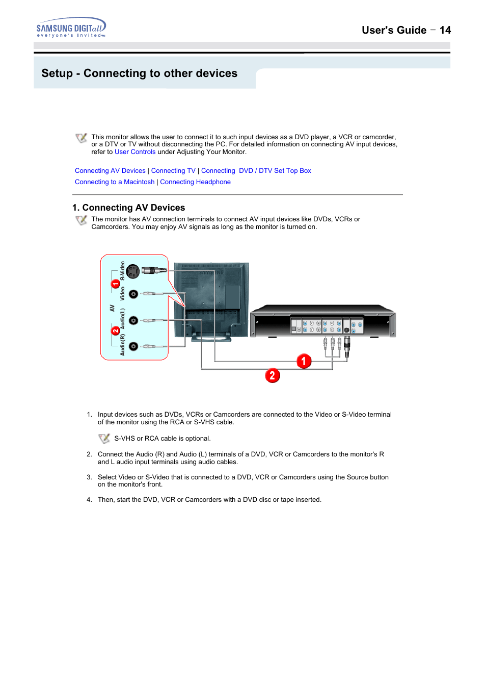 Setup - connecting to other devices, User's guide t 14 | Samsung 152MP User Manual | Page 14 / 70