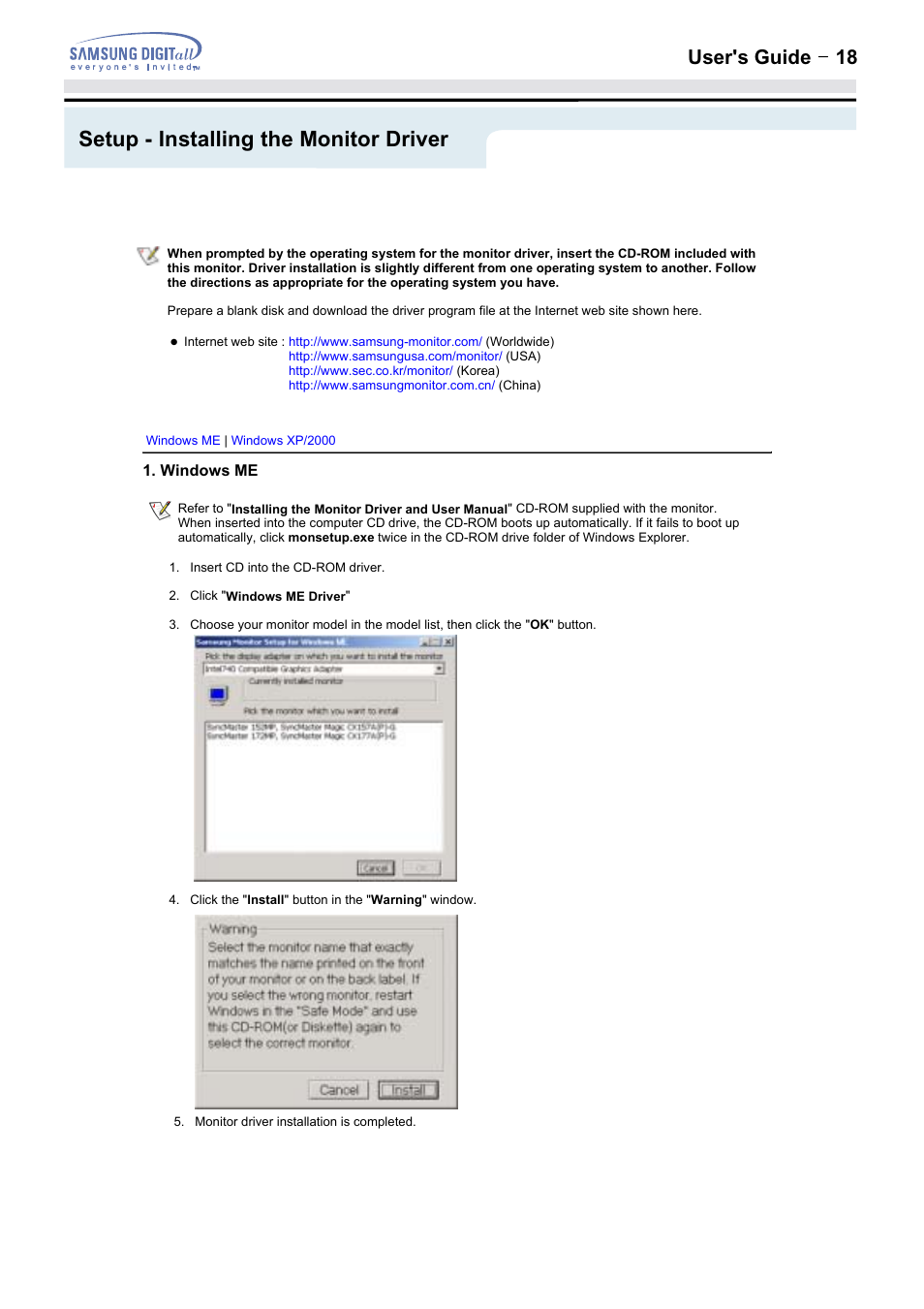 Setup - installing the monitor driver, User's guide t 18 | Samsung 152MP User Manual | Page 18 / 70