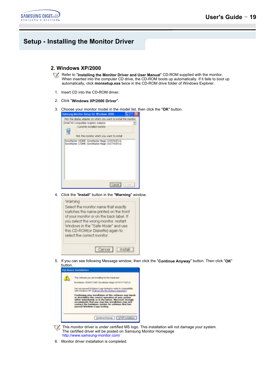 Setup - installing the monitor driver, User's guide t 19 | Samsung 152MP User Manual | Page 19 / 70