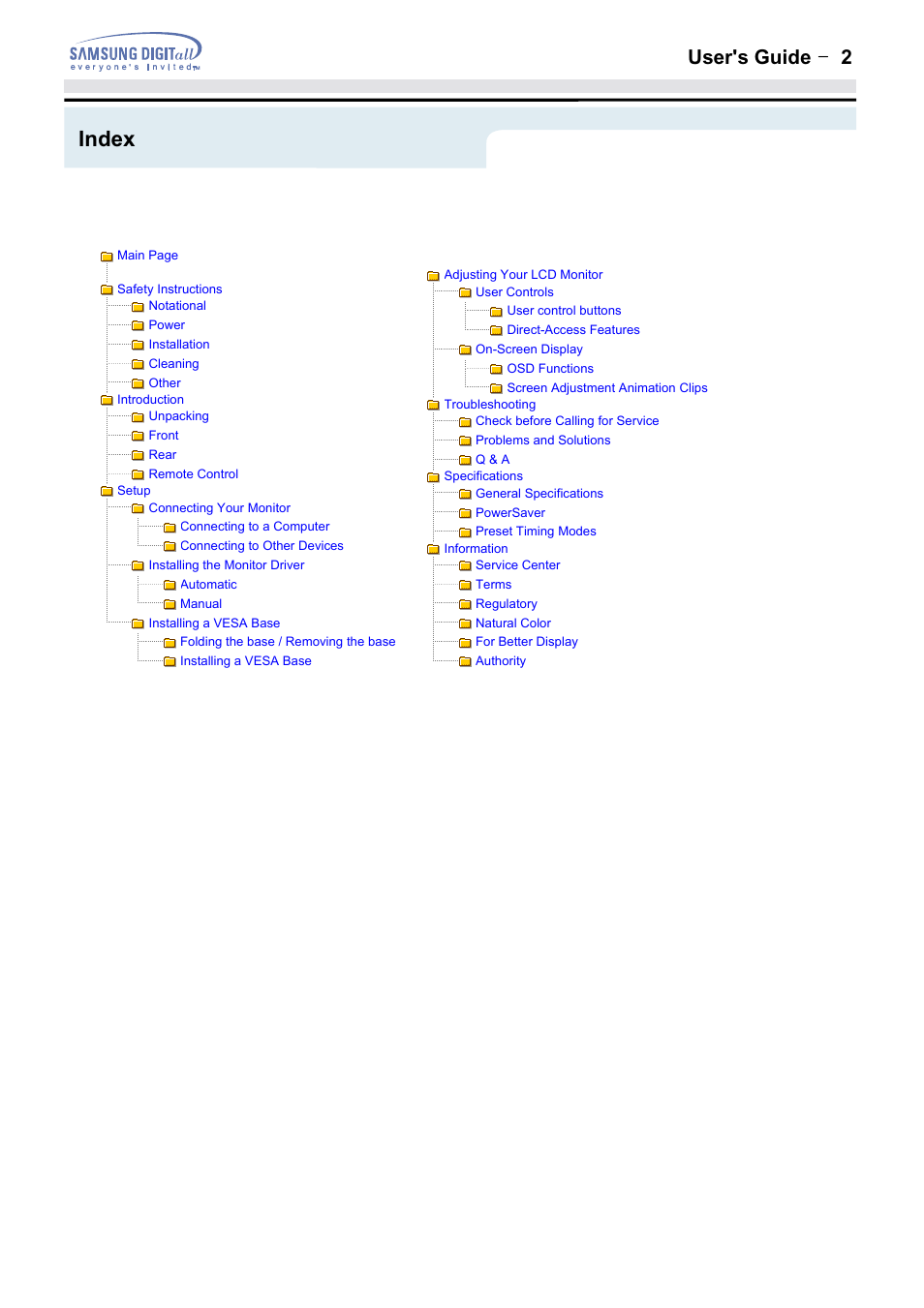 Index, User's guide t 2 | Samsung 152MP User Manual | Page 2 / 70