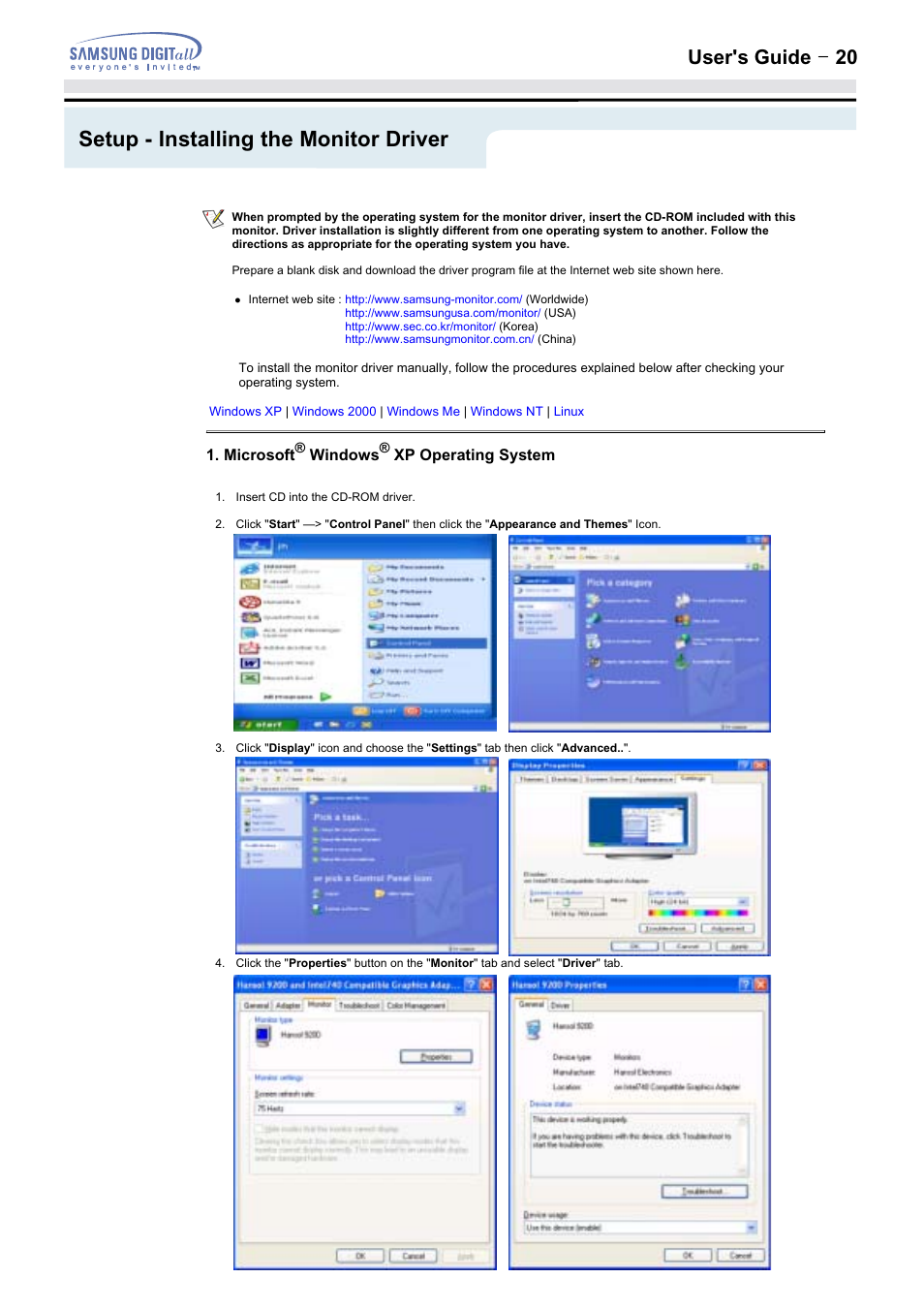 Setup - installing the monitor driver, User's guide t 20 | Samsung 152MP User Manual | Page 20 / 70