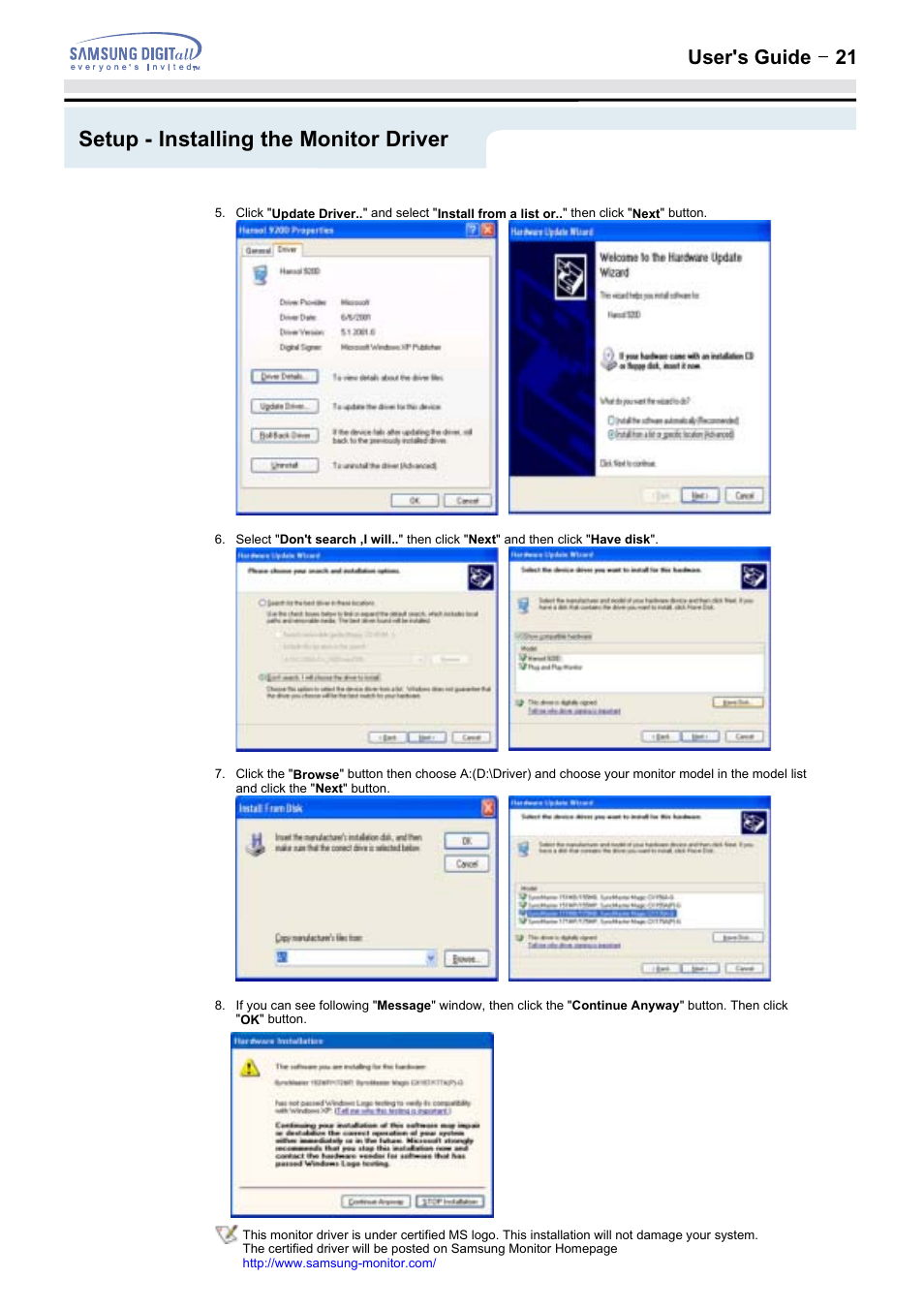 Setup - installing the monitor driver, User's guide t 21 | Samsung 152MP User Manual | Page 21 / 70