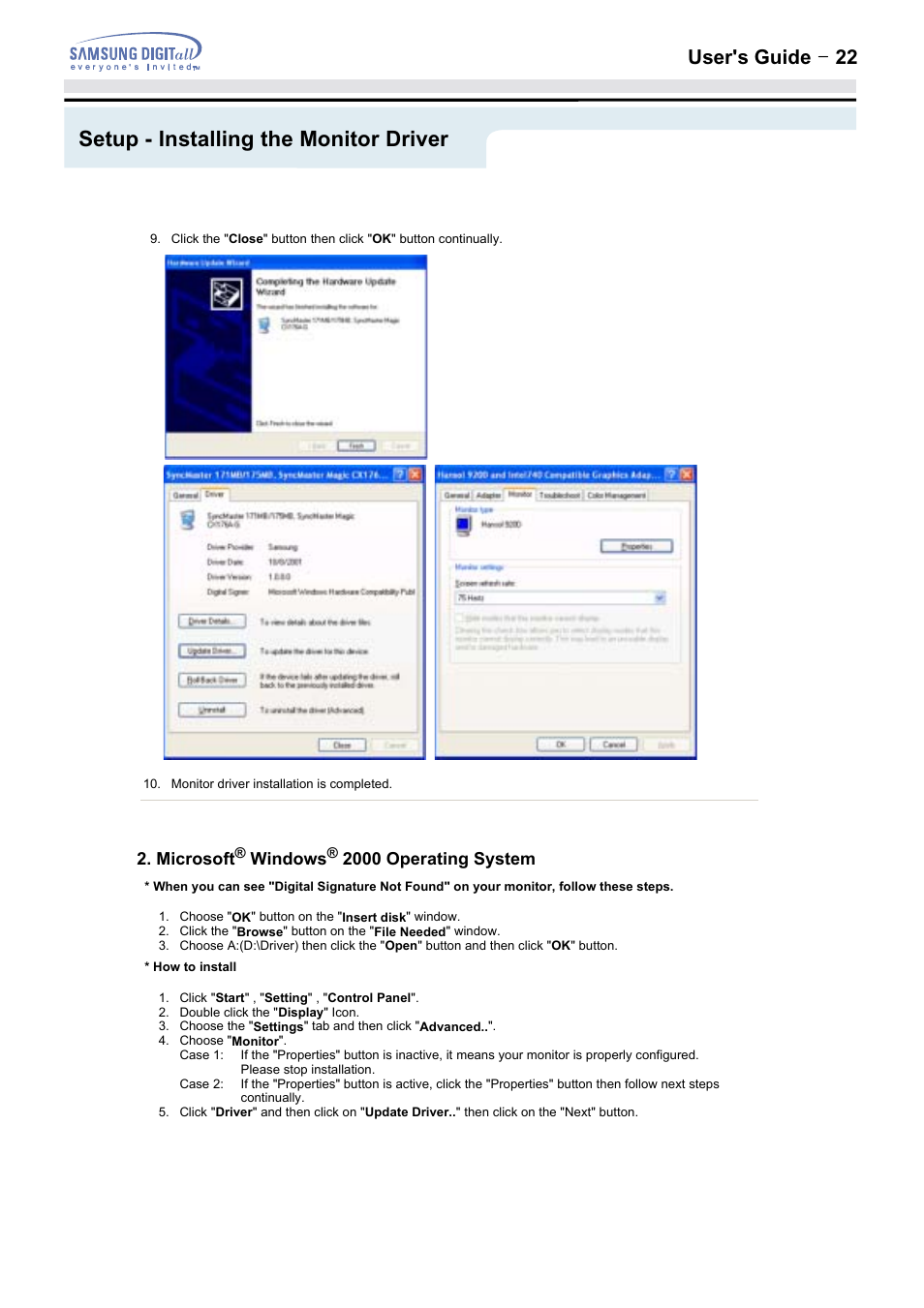 Setup - installing the monitor driver, User's guide t 22 | Samsung 152MP User Manual | Page 22 / 70