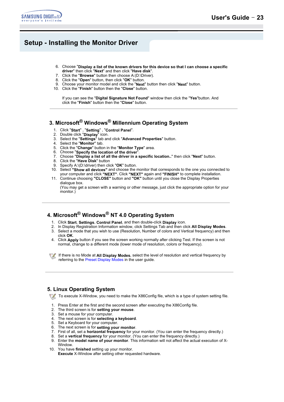 Setup - installing the monitor driver, User's guide t 23 | Samsung 152MP User Manual | Page 23 / 70